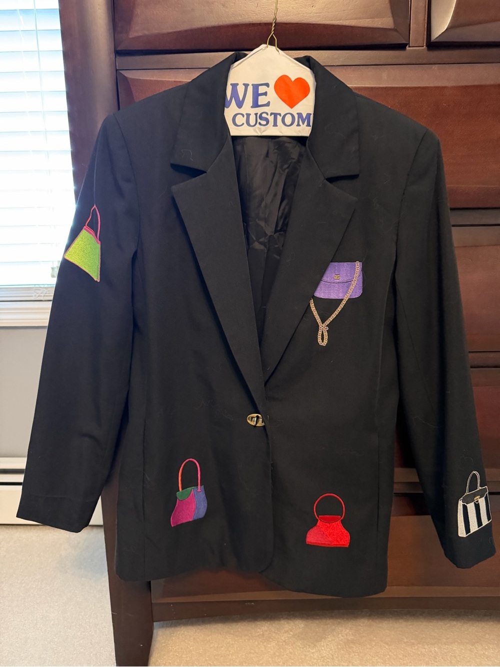 New Frontier Black Blazer with Colorful Handbag Embroidery Vintage